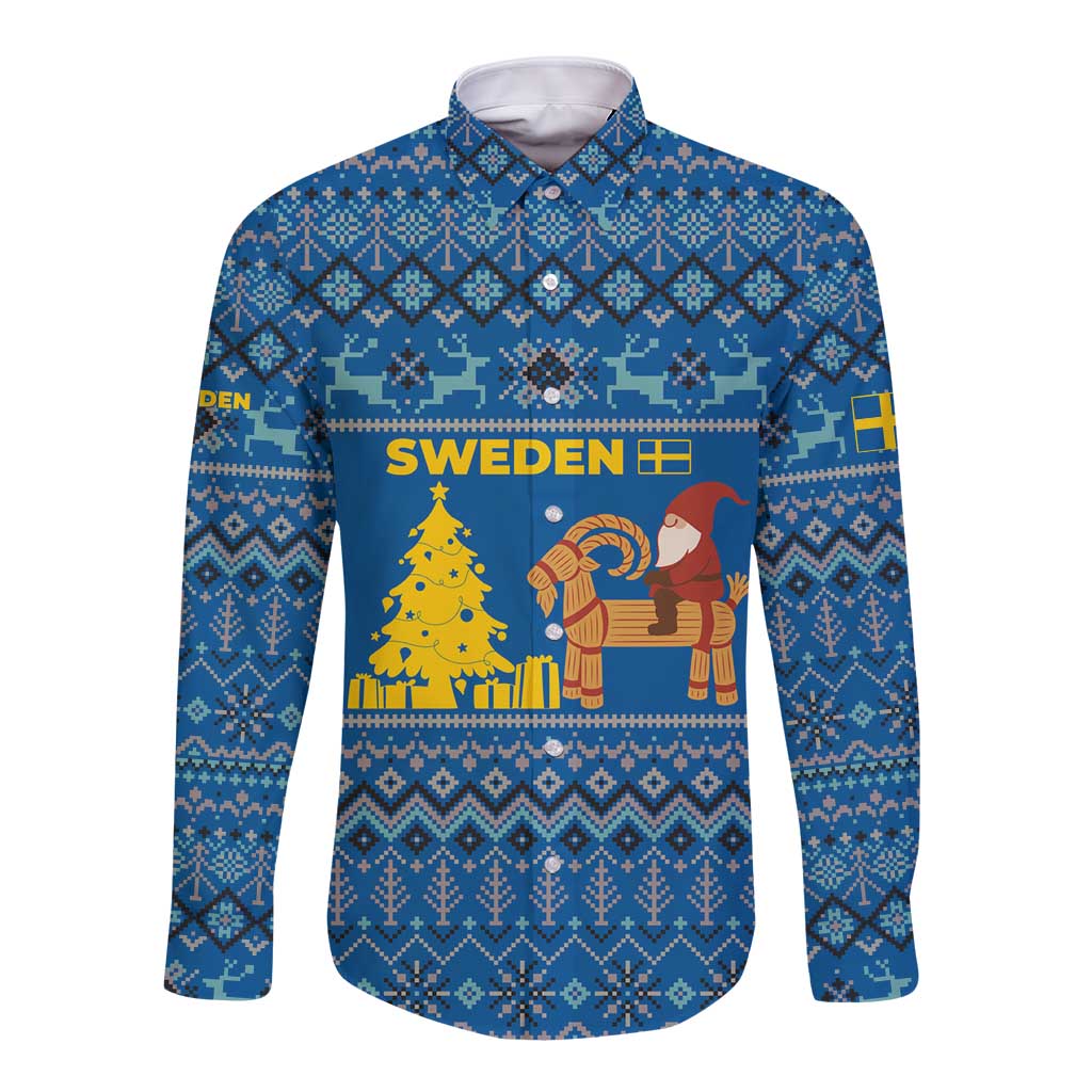 Sweden Christmas Long Sleeve Button Shirt with Gnome Yule Goat Royal Crest and Nordic Pattern - Wonder Print Shop