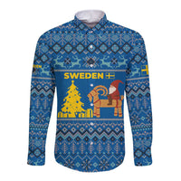 Sweden Christmas Long Sleeve Button Shirt with Gnome Yule Goat Royal Crest and Nordic Pattern - Wonder Print Shop