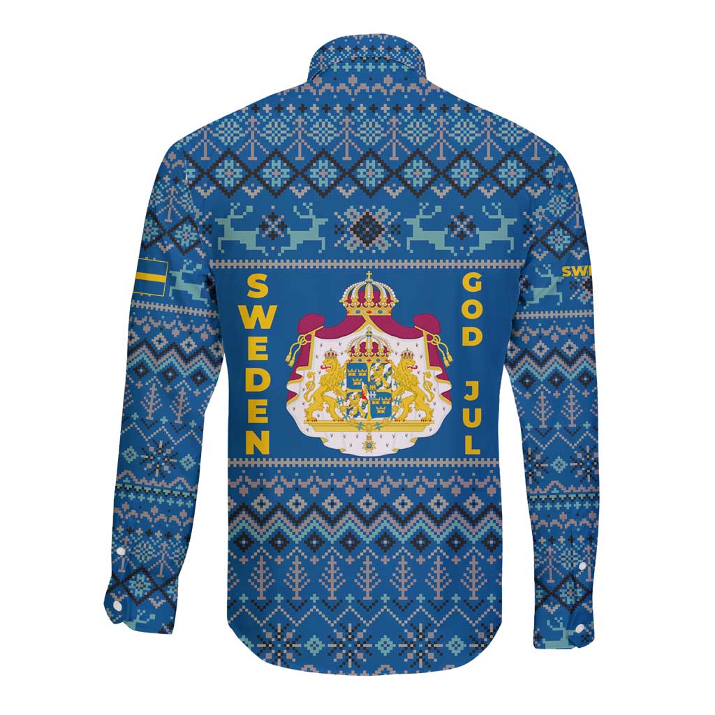 Sweden Christmas Long Sleeve Button Shirt with Gnome Yule Goat Royal Crest and Nordic Pattern - Wonder Print Shop