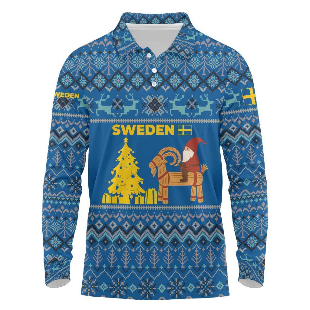 Sweden Christmas Long Sleeve Polo Shirt with Gnome Yule Goat Royal Crest and Nordic Pattern - Wonder Print Shop