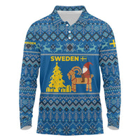 Sweden Christmas Long Sleeve Polo Shirt with Gnome Yule Goat Royal Crest and Nordic Pattern - Wonder Print Shop