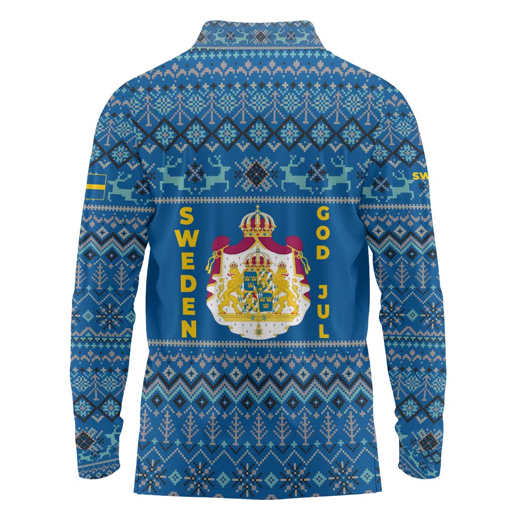 Sweden Christmas Long Sleeve Polo Shirt with Gnome Yule Goat Royal Crest and Nordic Pattern - Wonder Print Shop