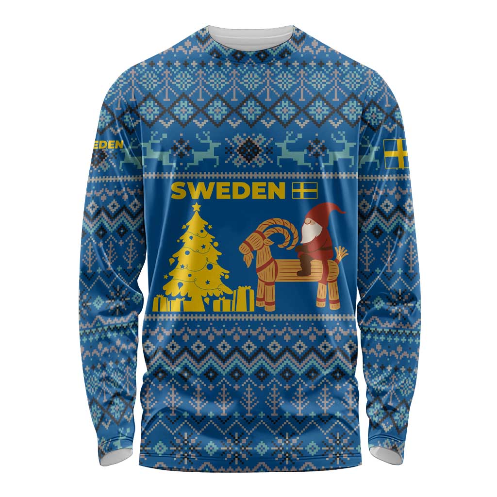 Sweden Christmas Long Sleeve Shirt with Gnome Yule Goat Royal Crest and Nordic Pattern - Wonder Print Shop