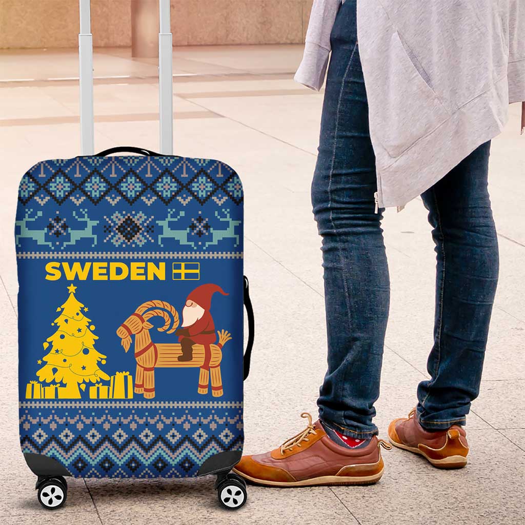 Sweden Christmas Luggage Cover with Gnome Yule Goat Royal Crest and Nordic Pattern - Wonder Print Shop