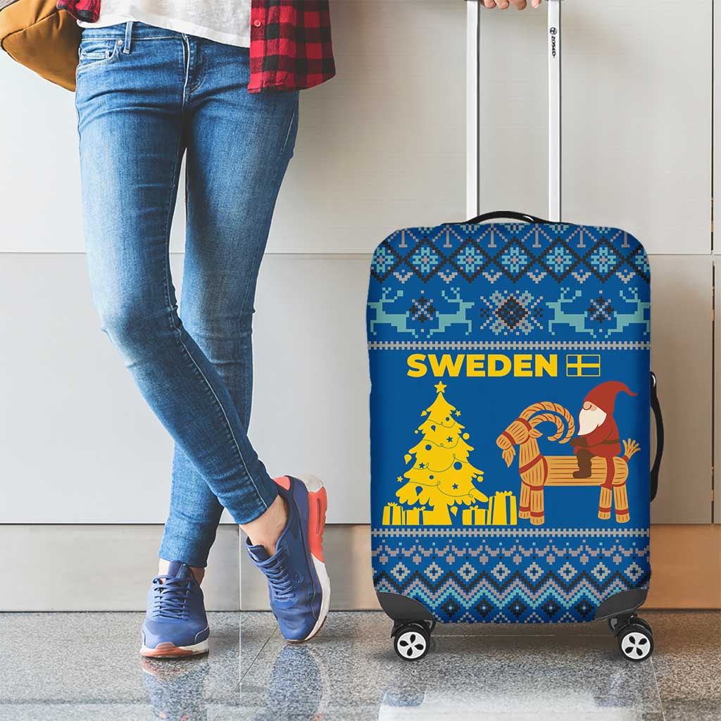 Sweden Christmas Luggage Cover with Gnome Yule Goat Royal Crest and Nordic Pattern - Wonder Print Shop