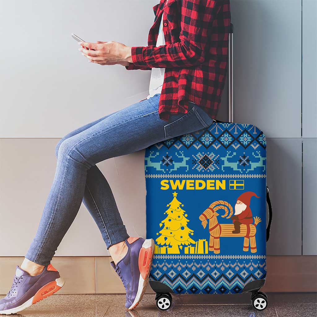 Sweden Christmas Luggage Cover with Gnome Yule Goat Royal Crest and Nordic Pattern - Wonder Print Shop