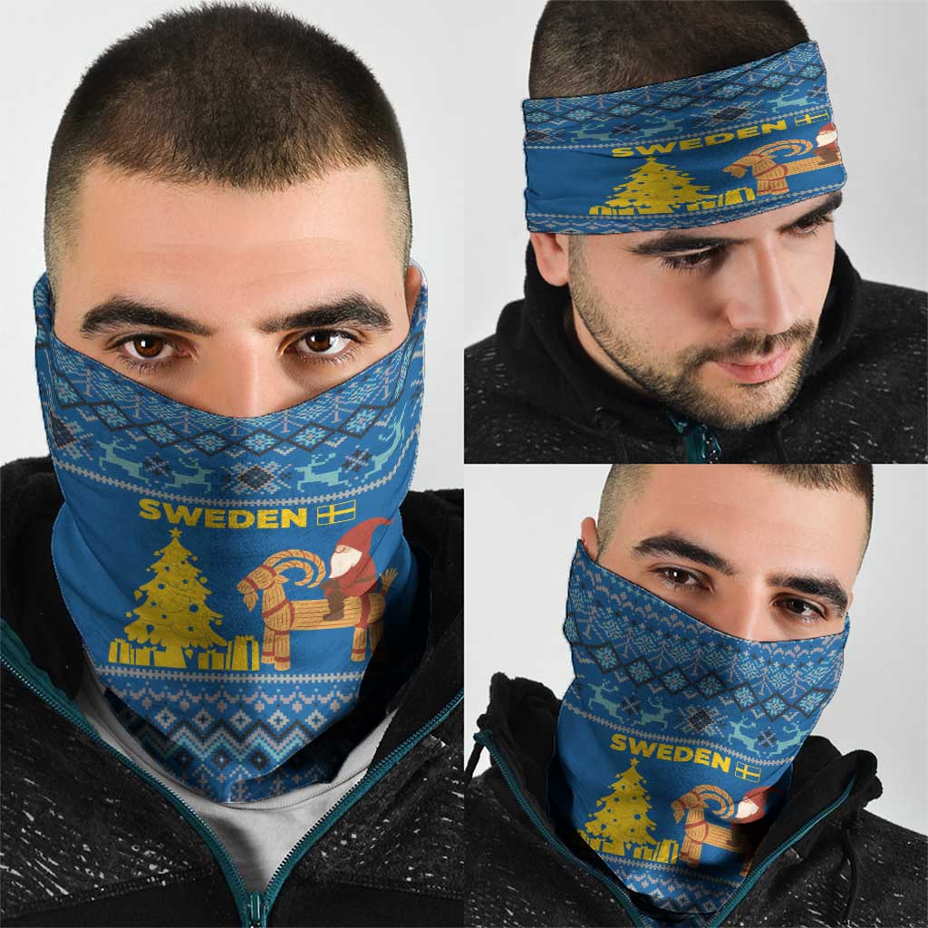 Sweden Christmas Neck Gaiter with Gnome Yule Goat Royal Crest and Nordic Pattern - Wonder Print Shop