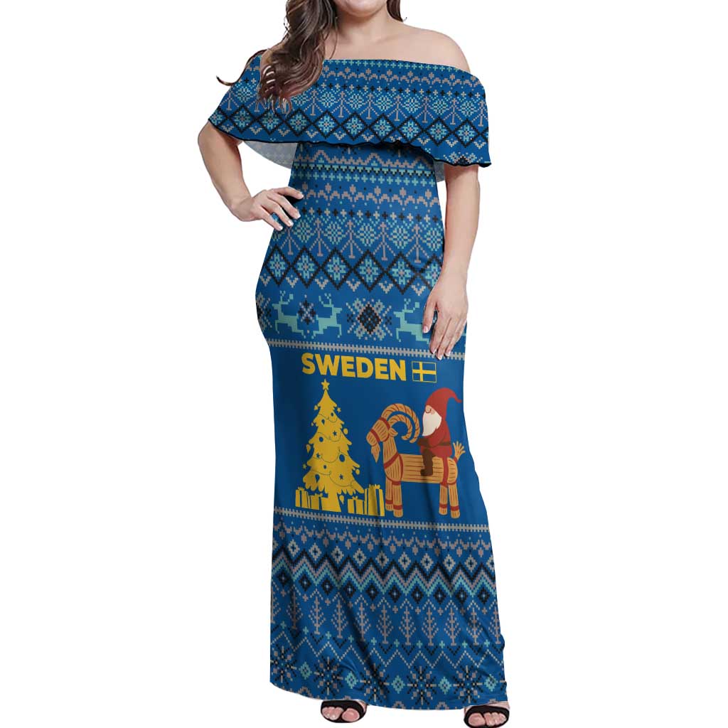 Sweden Christmas Off Shoulder Maxi Dress with Gnome Yule Goat Royal Crest and Nordic Pattern - Wonder Print Shop