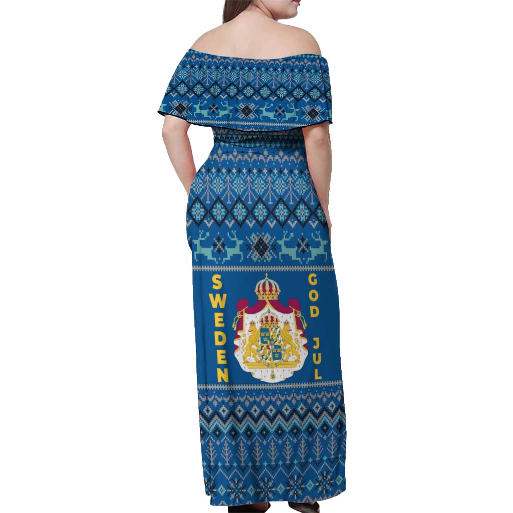 Sweden Christmas Off Shoulder Maxi Dress with Gnome Yule Goat Royal Crest and Nordic Pattern - Wonder Print Shop