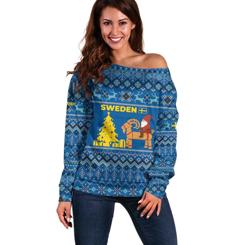 Sweden Christmas Off Shoulder Sweater with Gnome Yule Goat Royal Crest and Nordic Pattern - Wonder Print Shop