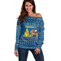 Sweden Christmas Off Shoulder Sweater with Gnome Yule Goat Royal Crest and Nordic Pattern - Wonder Print Shop