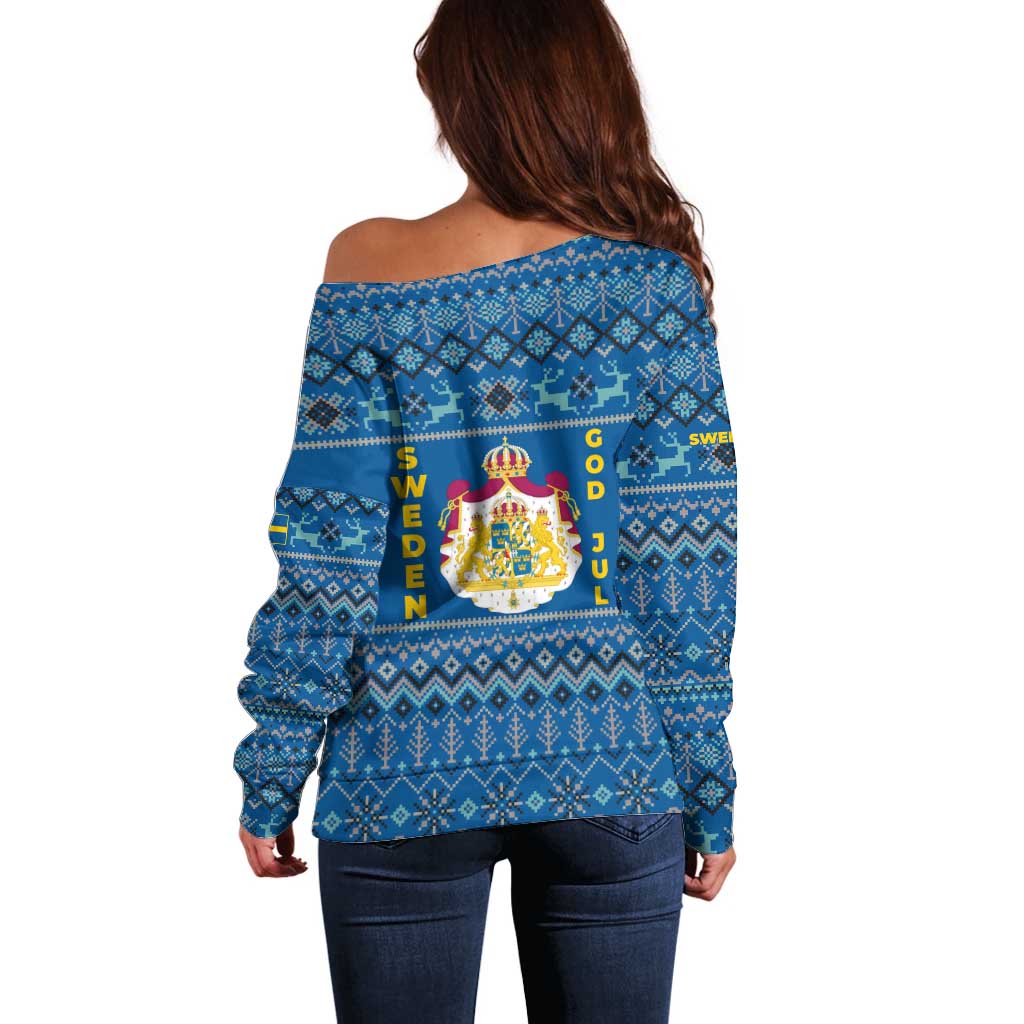 Sweden Christmas Off Shoulder Sweater with Gnome Yule Goat Royal Crest and Nordic Pattern - Wonder Print Shop