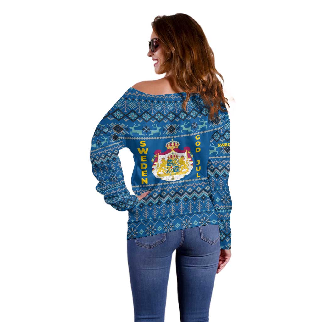 Sweden Christmas Off Shoulder Sweater with Gnome Yule Goat Royal Crest and Nordic Pattern - Wonder Print Shop