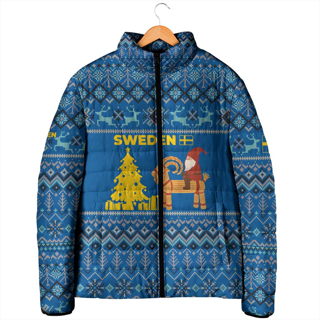Sweden Christmas Padded Jacket with Gnome Yule Goat Royal Crest and Nordic Pattern - Wonder Print Shop