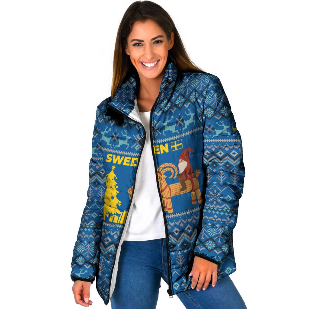 Sweden Christmas Padded Jacket with Gnome Yule Goat Royal Crest and Nordic Pattern - Wonder Print Shop