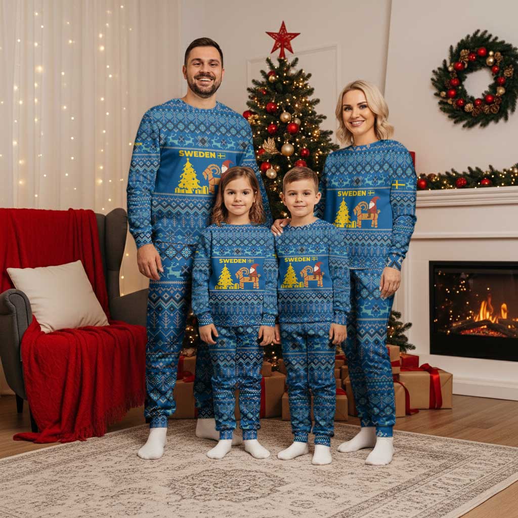 Sweden Christmas Pajama Set with Gnome Yule Goat Royal Crest and Nordic Pattern - Wonder Print Shop