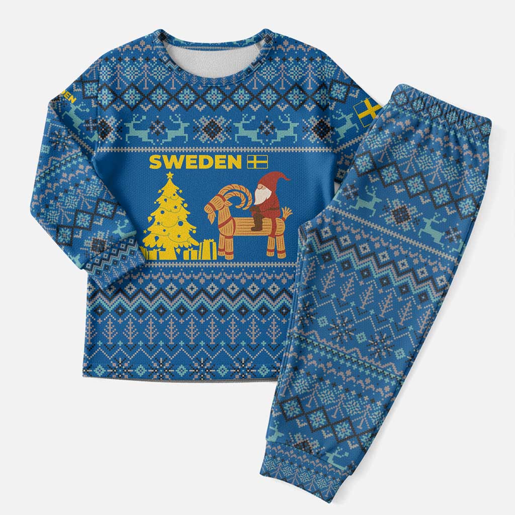 Sweden Christmas Pajama Set with Gnome Yule Goat Royal Crest and Nordic Pattern - Wonder Print Shop