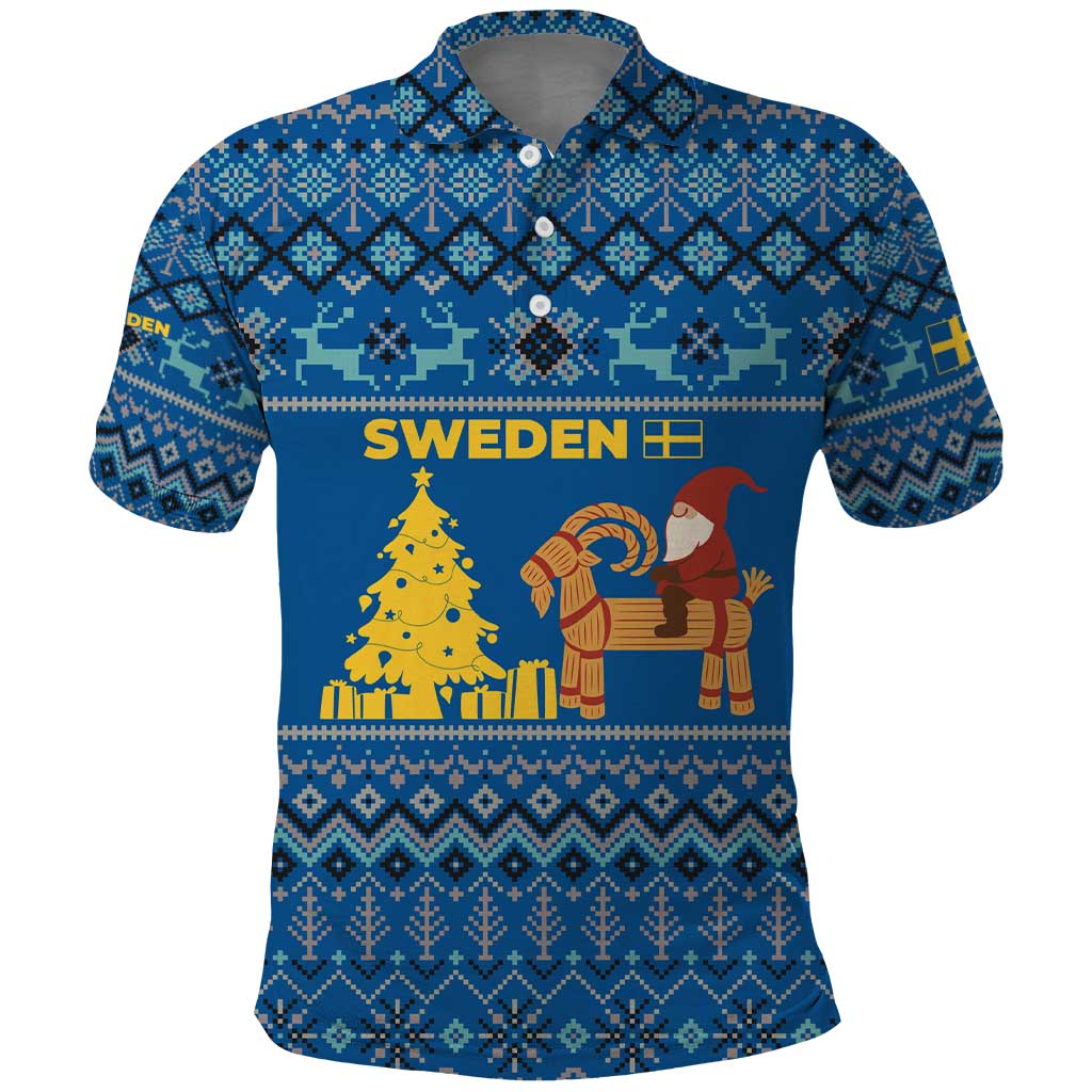 Sweden Christmas Polo Shirt with Gnome Yule Goat Royal Crest and Nordic Pattern - Wonder Print Shop
