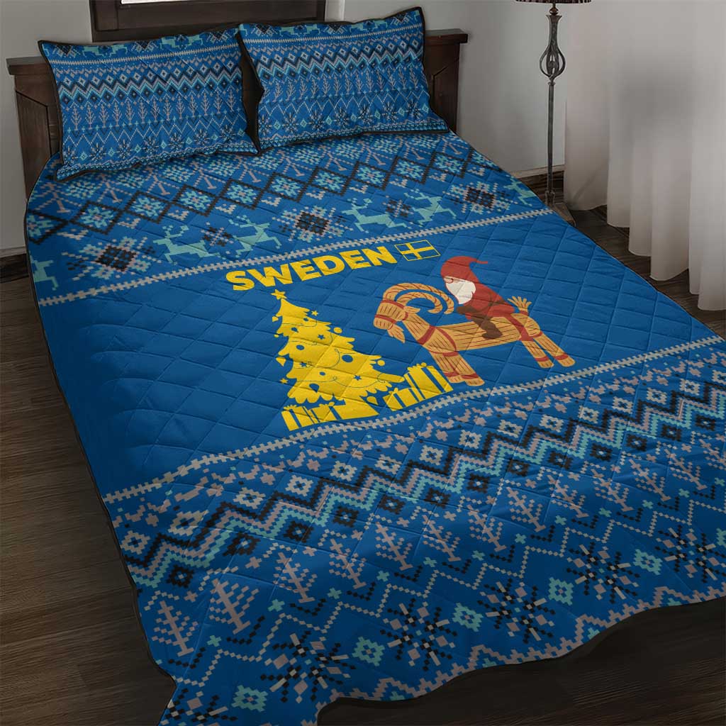 Sweden Christmas Quilt Bed Set with Gnome Yule Goat Royal Crest and Nordic Pattern - Wonder Print Shop