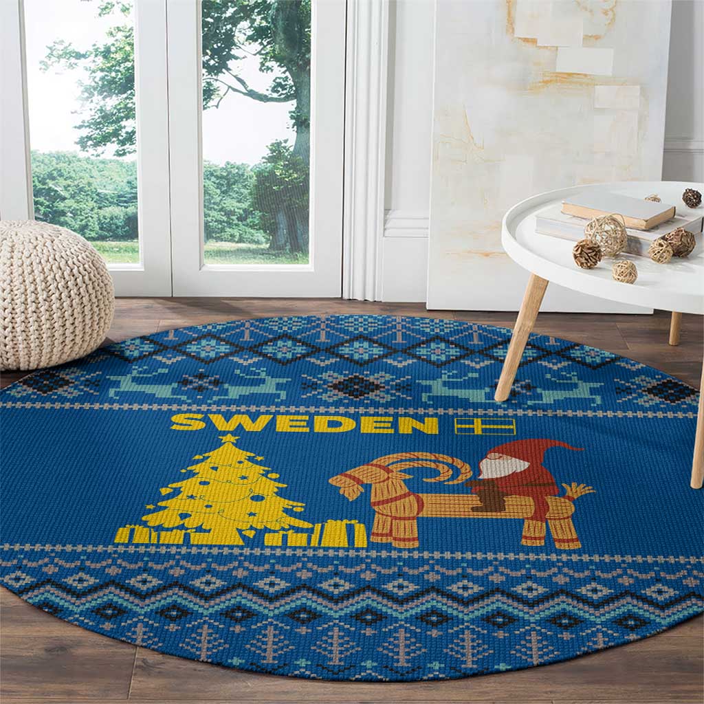 Sweden Christmas Round Carpet with Gnome Yule Goat Royal Crest and Nordic Pattern - Wonder Print Shop