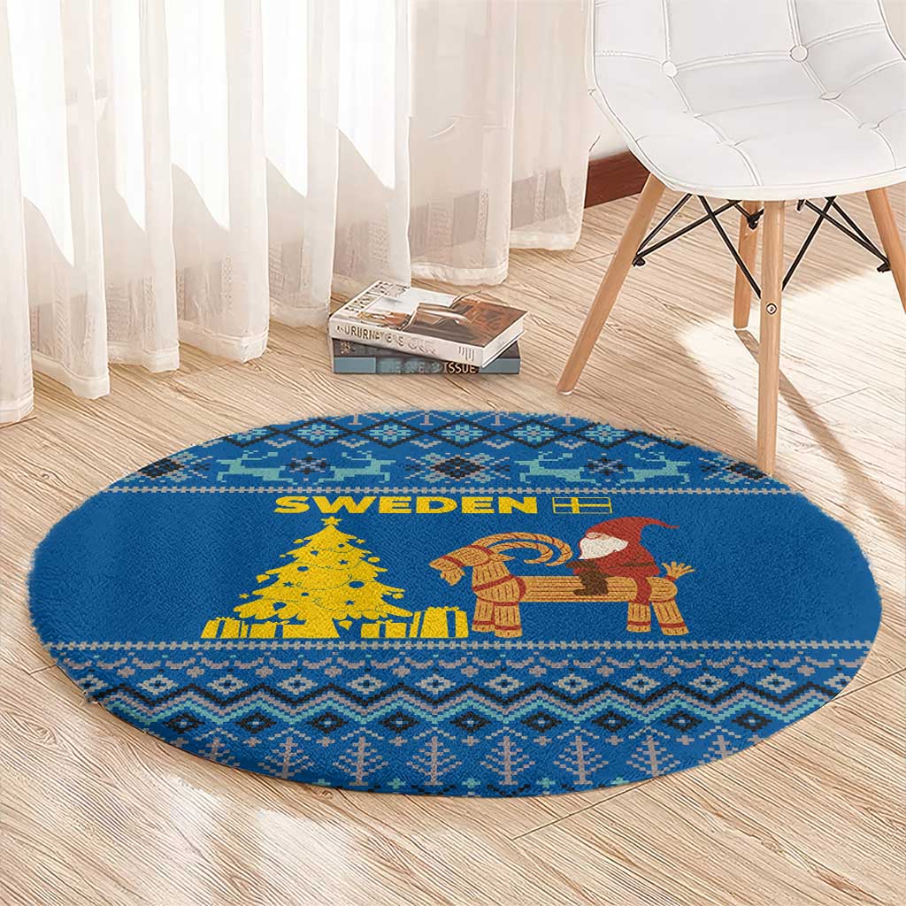Sweden Christmas Round Carpet with Gnome Yule Goat Royal Crest and Nordic Pattern - Wonder Print Shop
