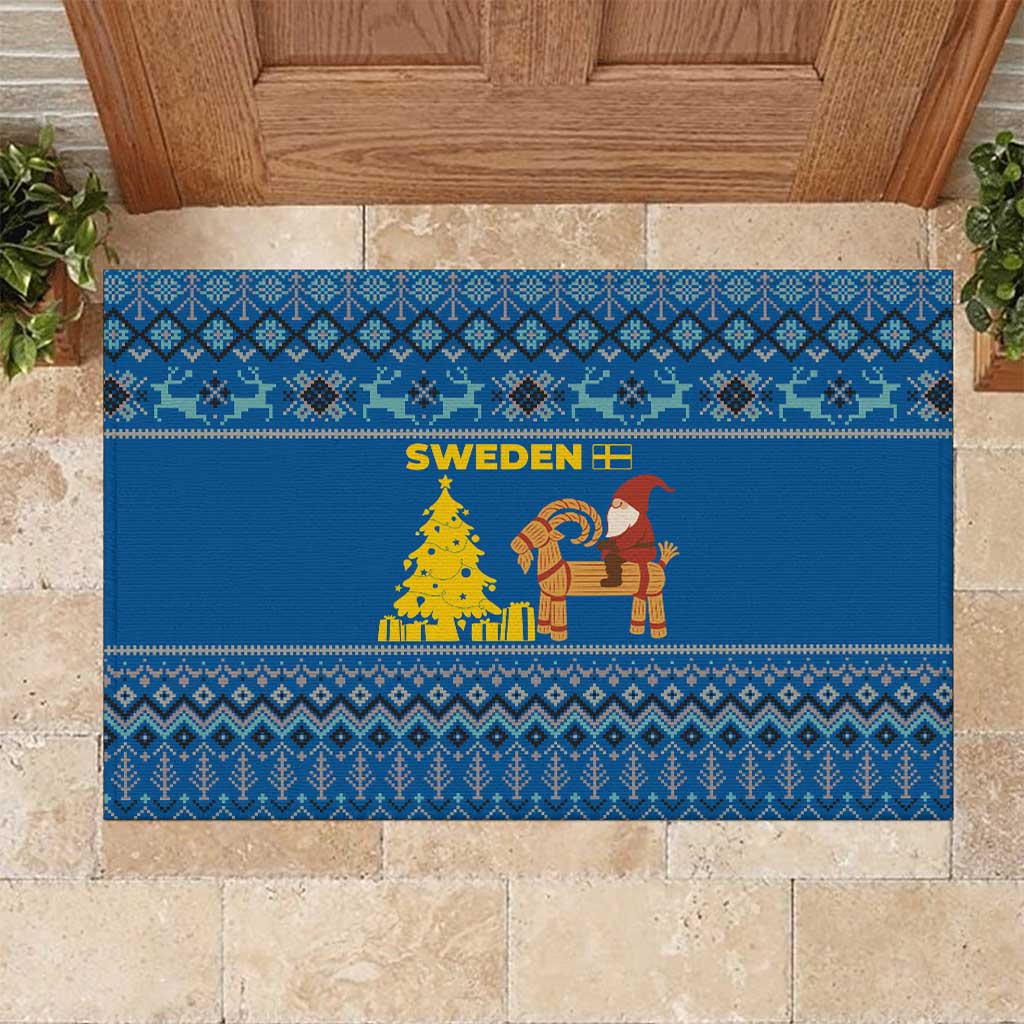 Sweden Christmas Rubber Doormat with Gnome Yule Goat Royal Crest and Nordic Pattern - Wonder Print Shop