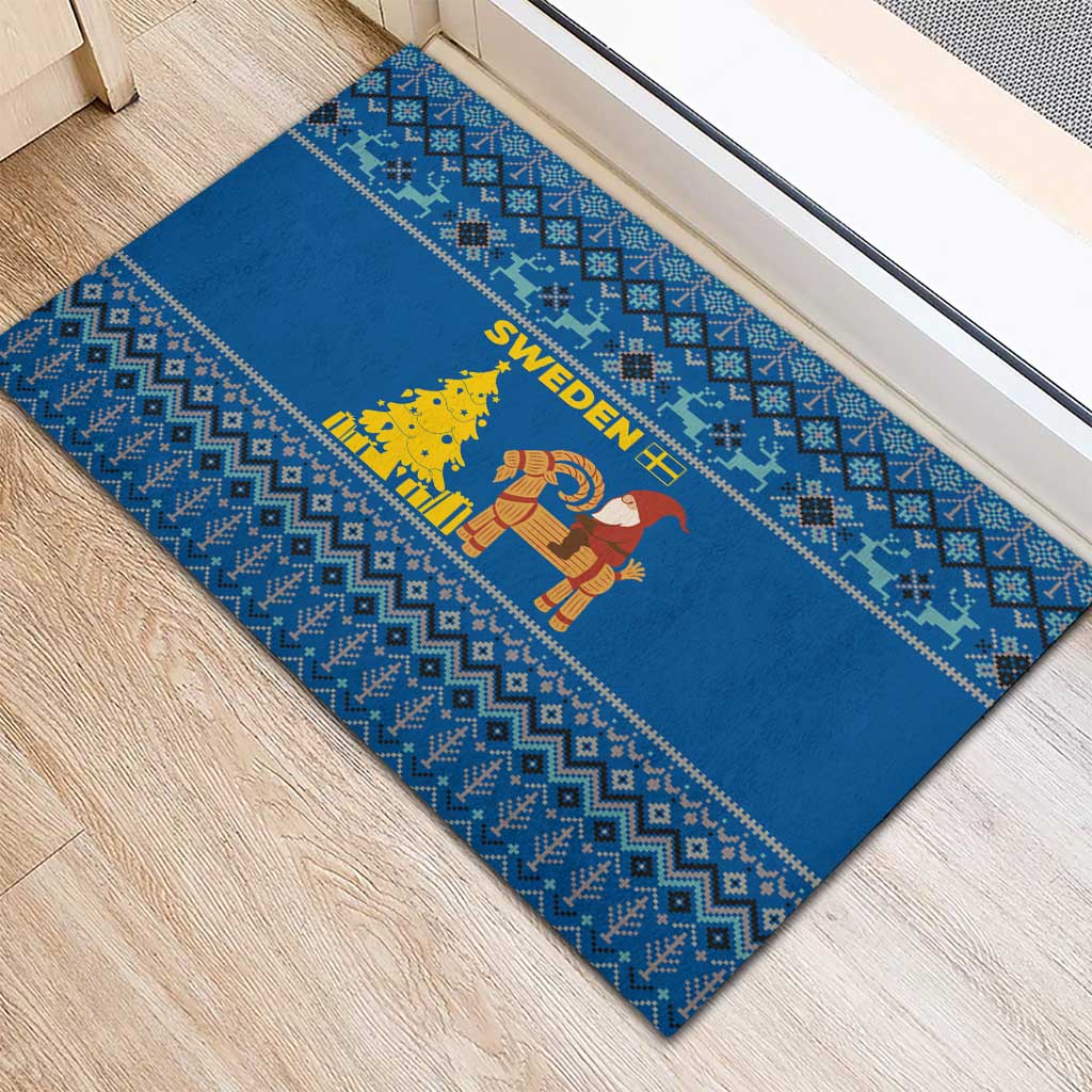Sweden Christmas Rubber Doormat with Gnome Yule Goat Royal Crest and Nordic Pattern - Wonder Print Shop