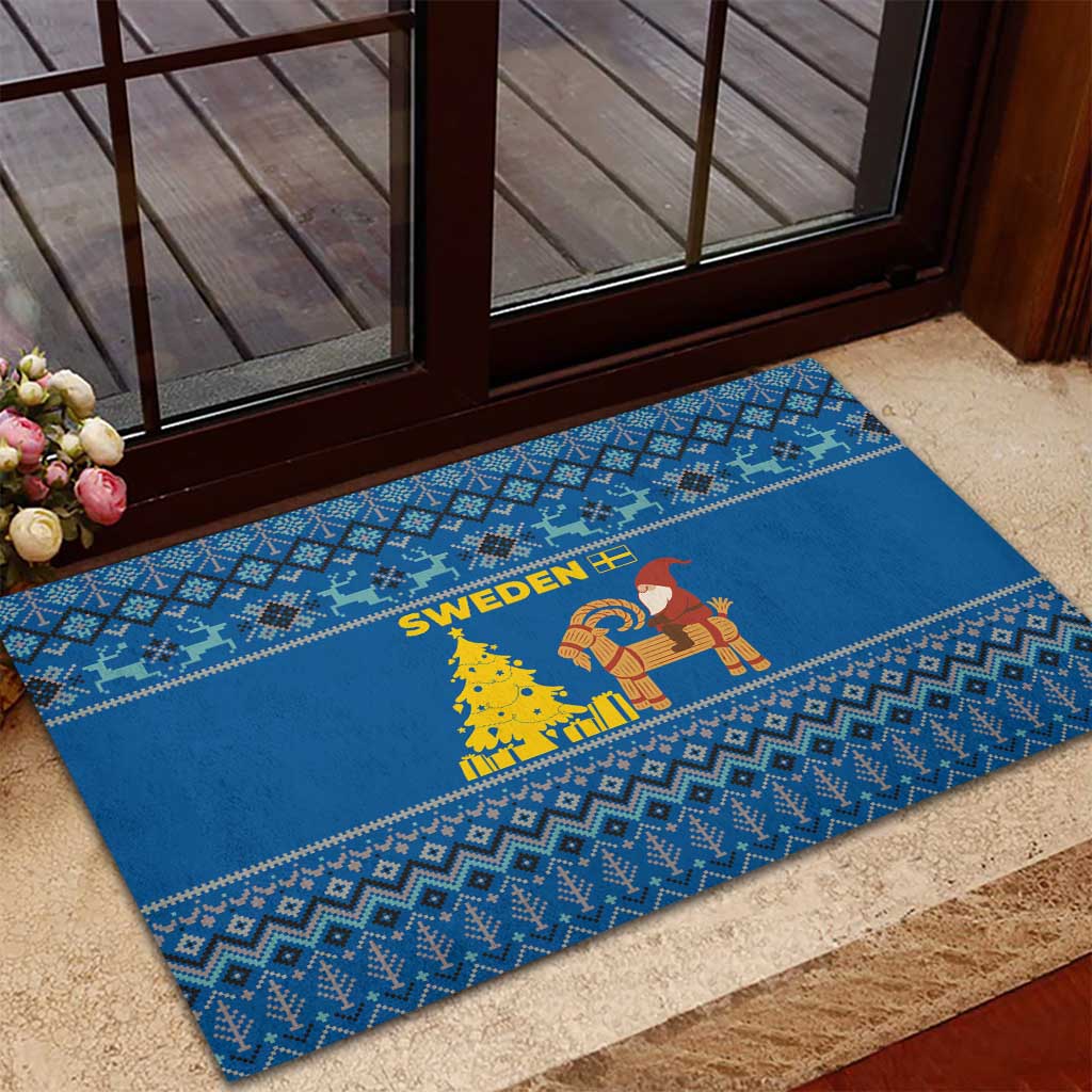 Sweden Christmas Rubber Doormat with Gnome Yule Goat Royal Crest and Nordic Pattern - Wonder Print Shop