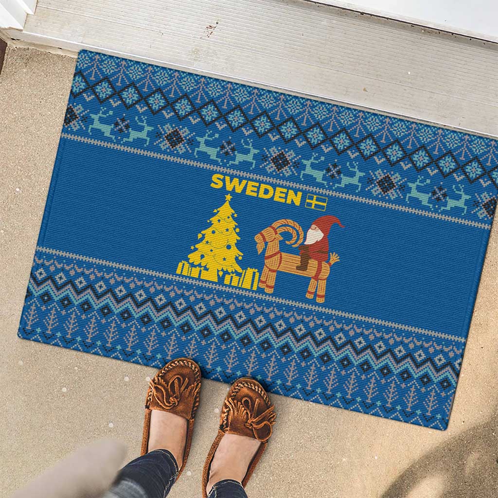Sweden Christmas Rubber Doormat with Gnome Yule Goat Royal Crest and Nordic Pattern - Wonder Print Shop