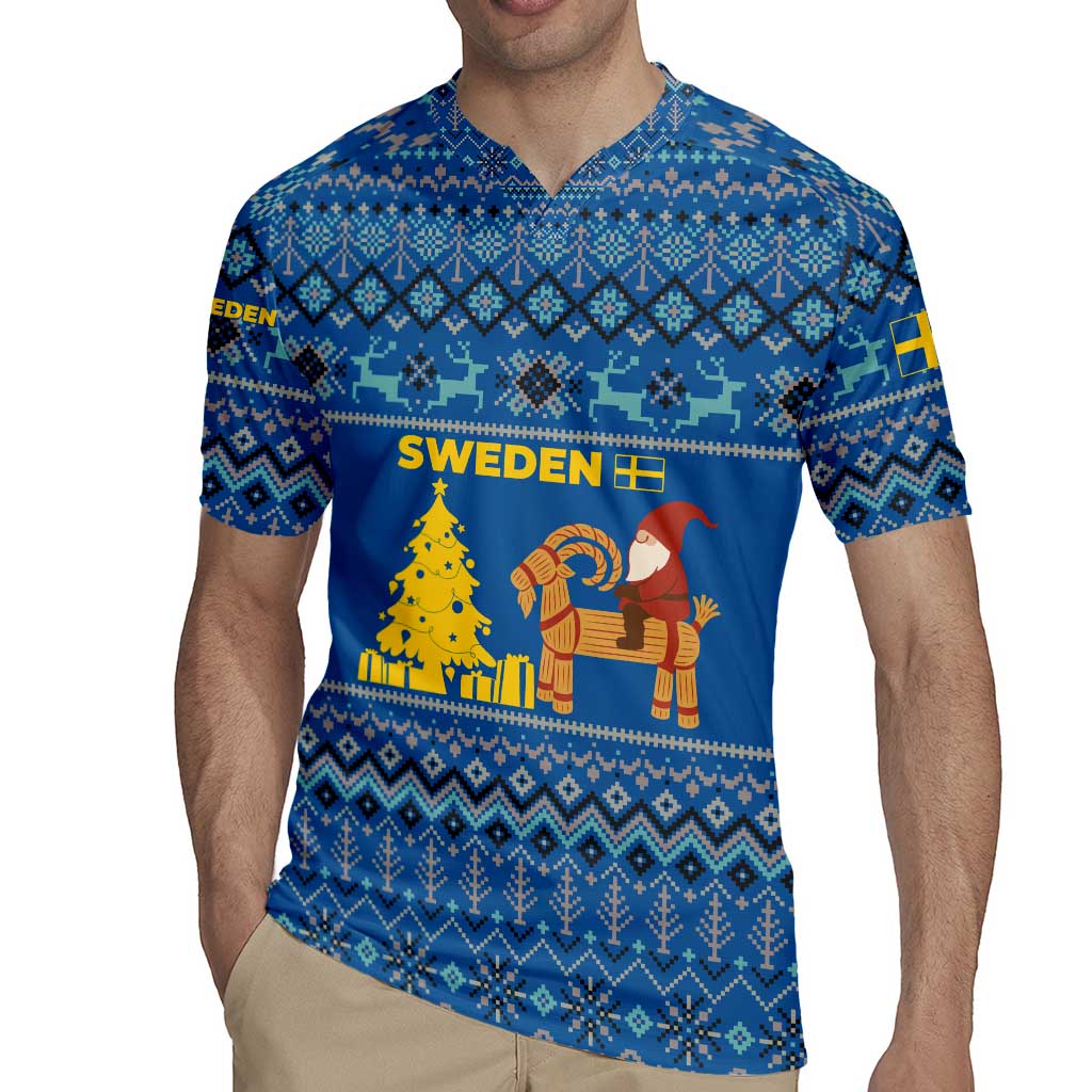 Sweden Christmas Rugby Jersey with Gnome Yule Goat Royal Crest and Nordic Pattern - Wonder Print Shop
