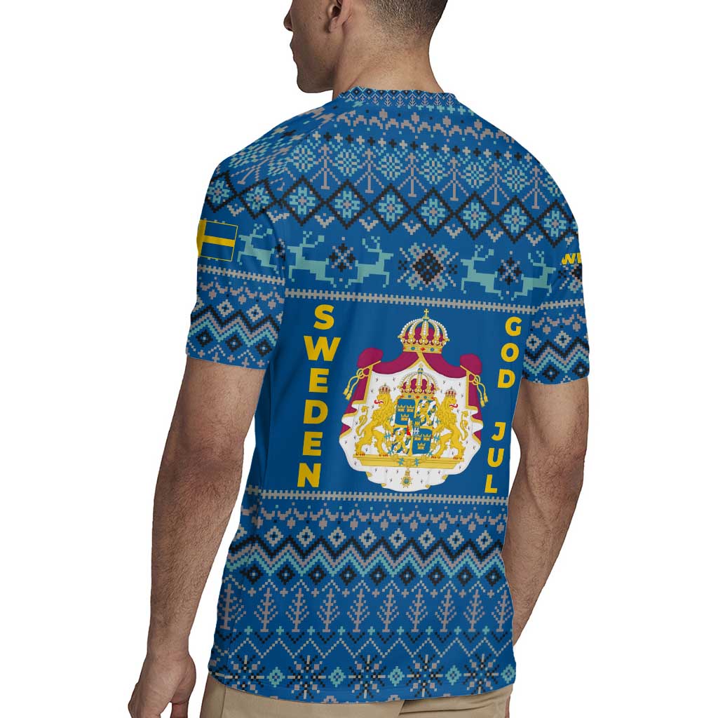 Sweden Christmas Rugby Jersey with Gnome Yule Goat Royal Crest and Nordic Pattern - Wonder Print Shop
