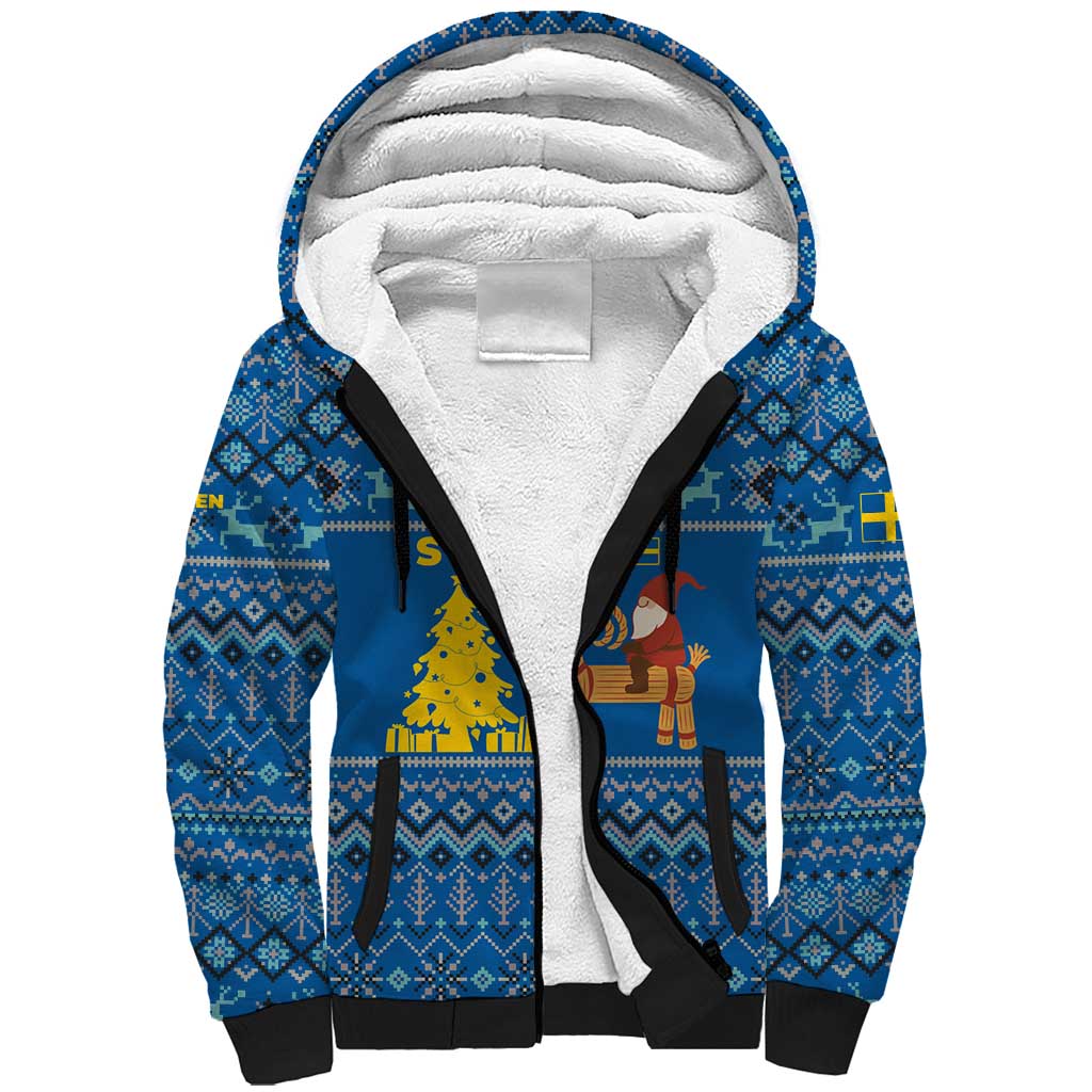 Sweden Christmas Sherpa Hoodie with Gnome Yule Goat Royal Crest and Nordic Pattern - Wonder Print Shop
