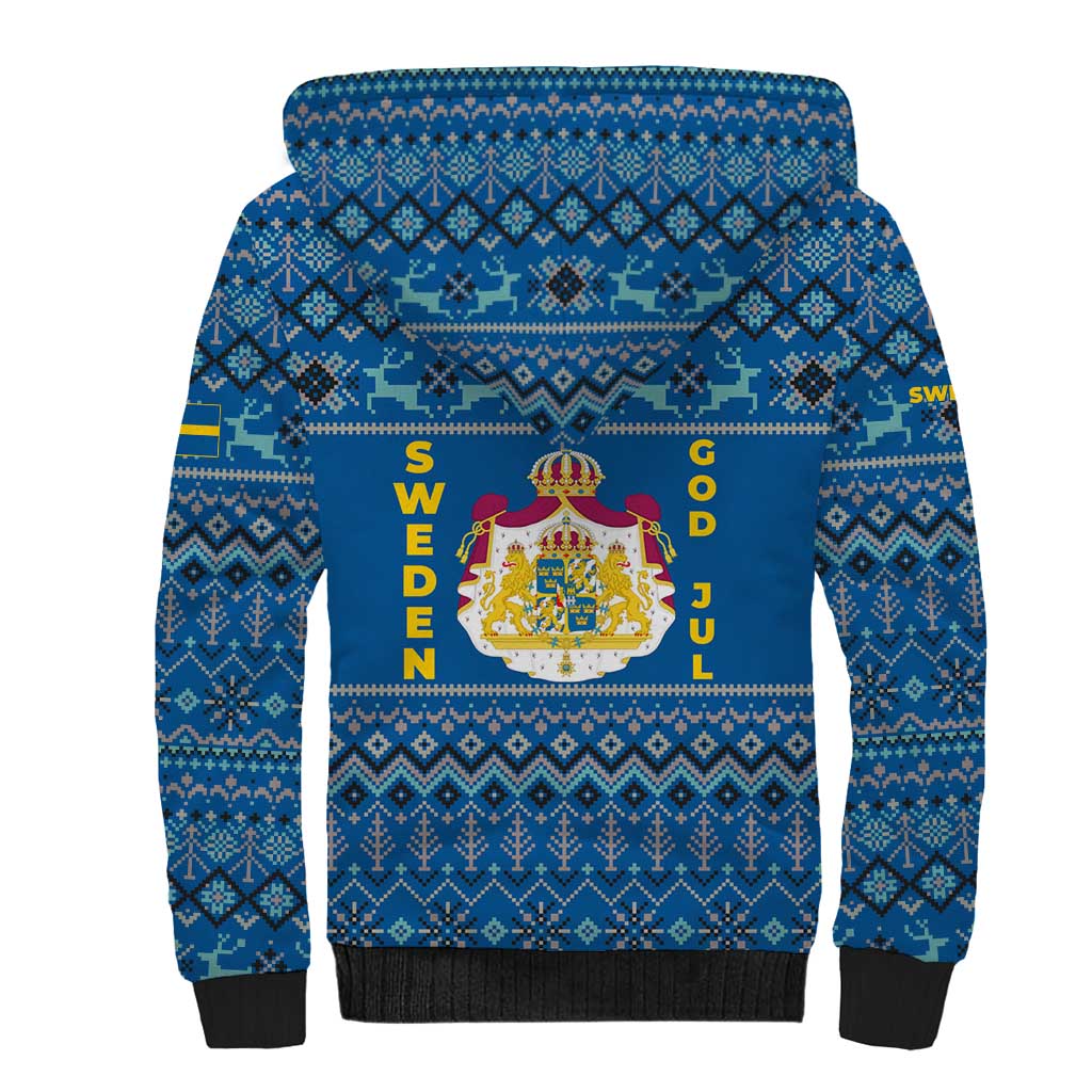 Sweden Christmas Sherpa Hoodie with Gnome Yule Goat Royal Crest and Nordic Pattern - Wonder Print Shop