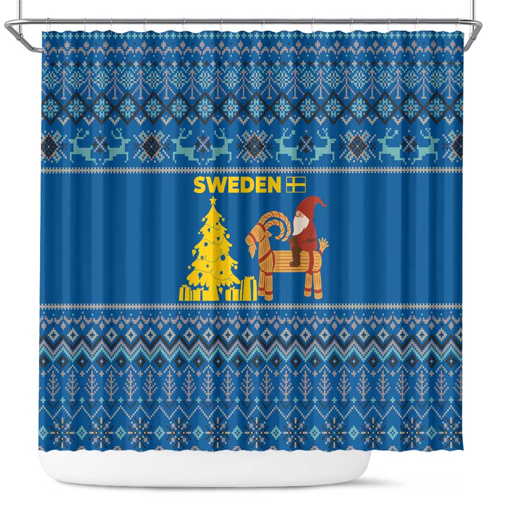 Sweden Christmas Shower Curtain with Gnome Yule Goat Royal Crest and Nordic Pattern - Wonder Print Shop