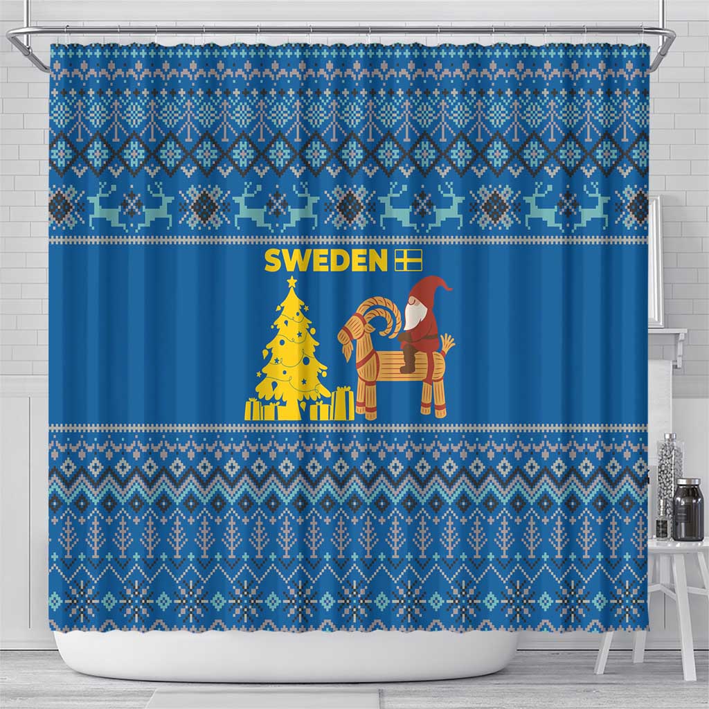 Sweden Christmas Shower Curtain with Gnome Yule Goat Royal Crest and Nordic Pattern - Wonder Print Shop