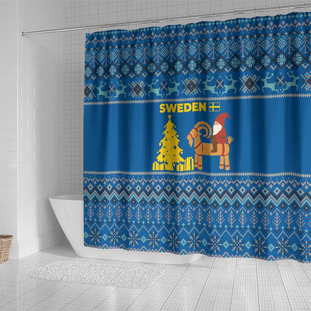 Sweden Christmas Shower Curtain with Gnome Yule Goat Royal Crest and Nordic Pattern - Wonder Print Shop