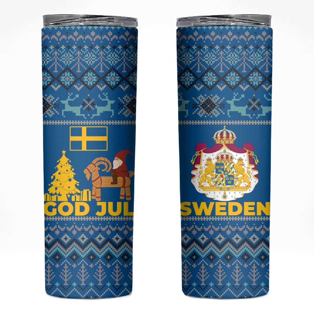 Sweden Christmas Skinny Tumbler with Gnome Yule Goat Royal Crest and Nordic Pattern - Wonder Print Shop