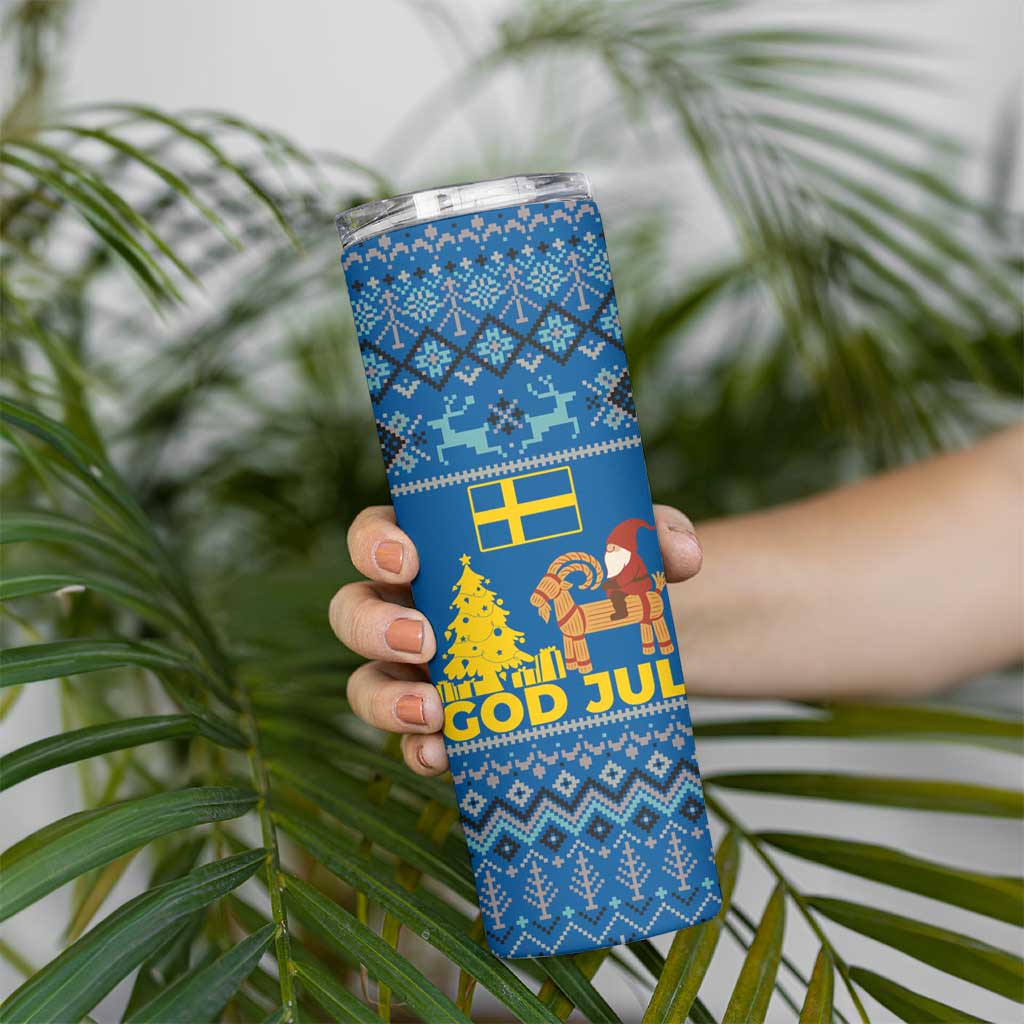 Sweden Christmas Skinny Tumbler with Gnome Yule Goat Royal Crest and Nordic Pattern - Wonder Print Shop