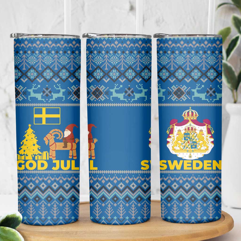 Sweden Christmas Skinny Tumbler with Gnome Yule Goat Royal Crest and Nordic Pattern - Wonder Print Shop
