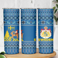 Sweden Christmas Skinny Tumbler with Gnome Yule Goat Royal Crest and Nordic Pattern - Wonder Print Shop