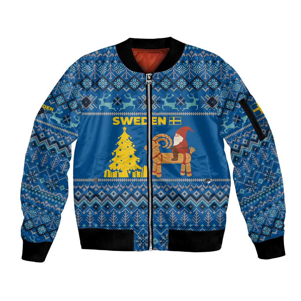 Sweden Christmas Sleeve Zip Bomber Jacket with Gnome Yule Goat Royal Crest and Nordic Pattern - Wonder Print Shop