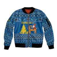 Sweden Christmas Sleeve Zip Bomber Jacket with Gnome Yule Goat Royal Crest and Nordic Pattern - Wonder Print Shop