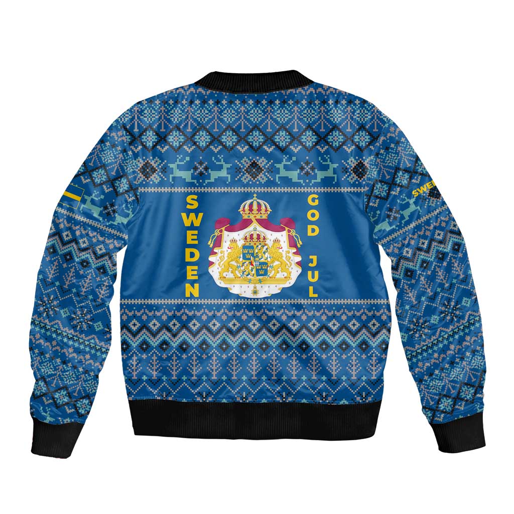 Sweden Christmas Sleeve Zip Bomber Jacket with Gnome Yule Goat Royal Crest and Nordic Pattern - Wonder Print Shop