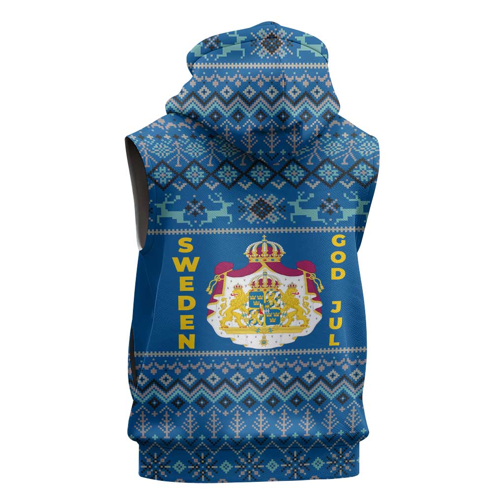 Sweden Christmas Sleeveless Hoodie with Gnome Yule Goat Royal Crest and Nordic Pattern - Wonder Print Shop