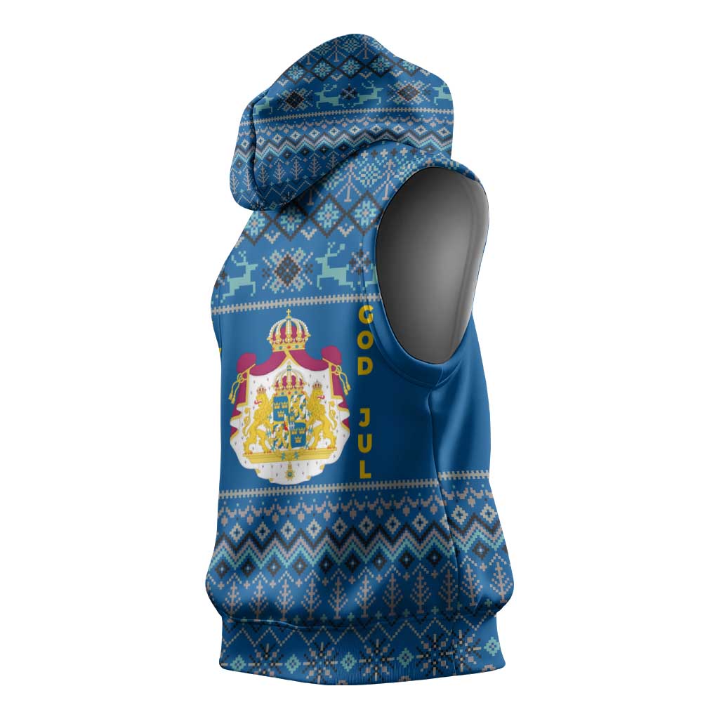 Sweden Christmas Sleeveless Hoodie with Gnome Yule Goat Royal Crest and Nordic Pattern - Wonder Print Shop