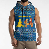 Sweden Christmas Sleeveless Hoodie with Gnome Yule Goat Royal Crest and Nordic Pattern - Wonder Print Shop