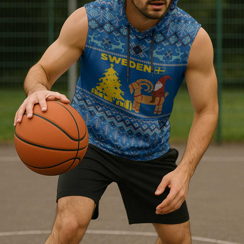 Sweden Christmas Sleeveless Hoodie with Gnome Yule Goat Royal Crest and Nordic Pattern - Wonder Print Shop