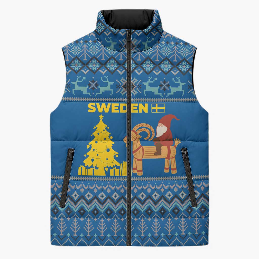Sweden Christmas Sleeveless Puffer Jacket with Gnome Yule Goat Royal Crest and Nordic Pattern - Wonder Print Shop