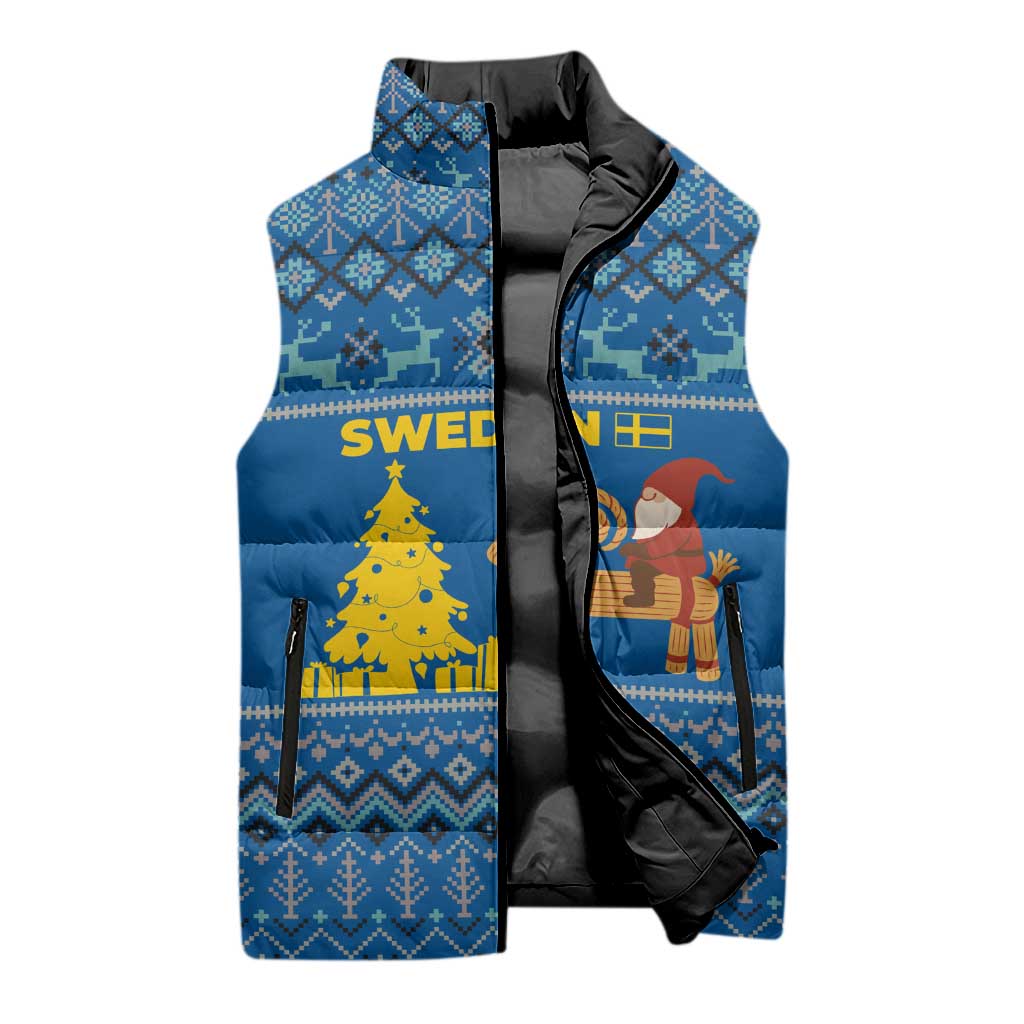 Sweden Christmas Sleeveless Puffer Jacket with Gnome Yule Goat Royal Crest and Nordic Pattern - Wonder Print Shop