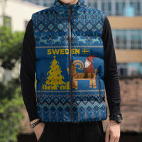 Sweden Christmas Sleeveless Puffer Jacket with Gnome Yule Goat Royal Crest and Nordic Pattern - Wonder Print Shop
